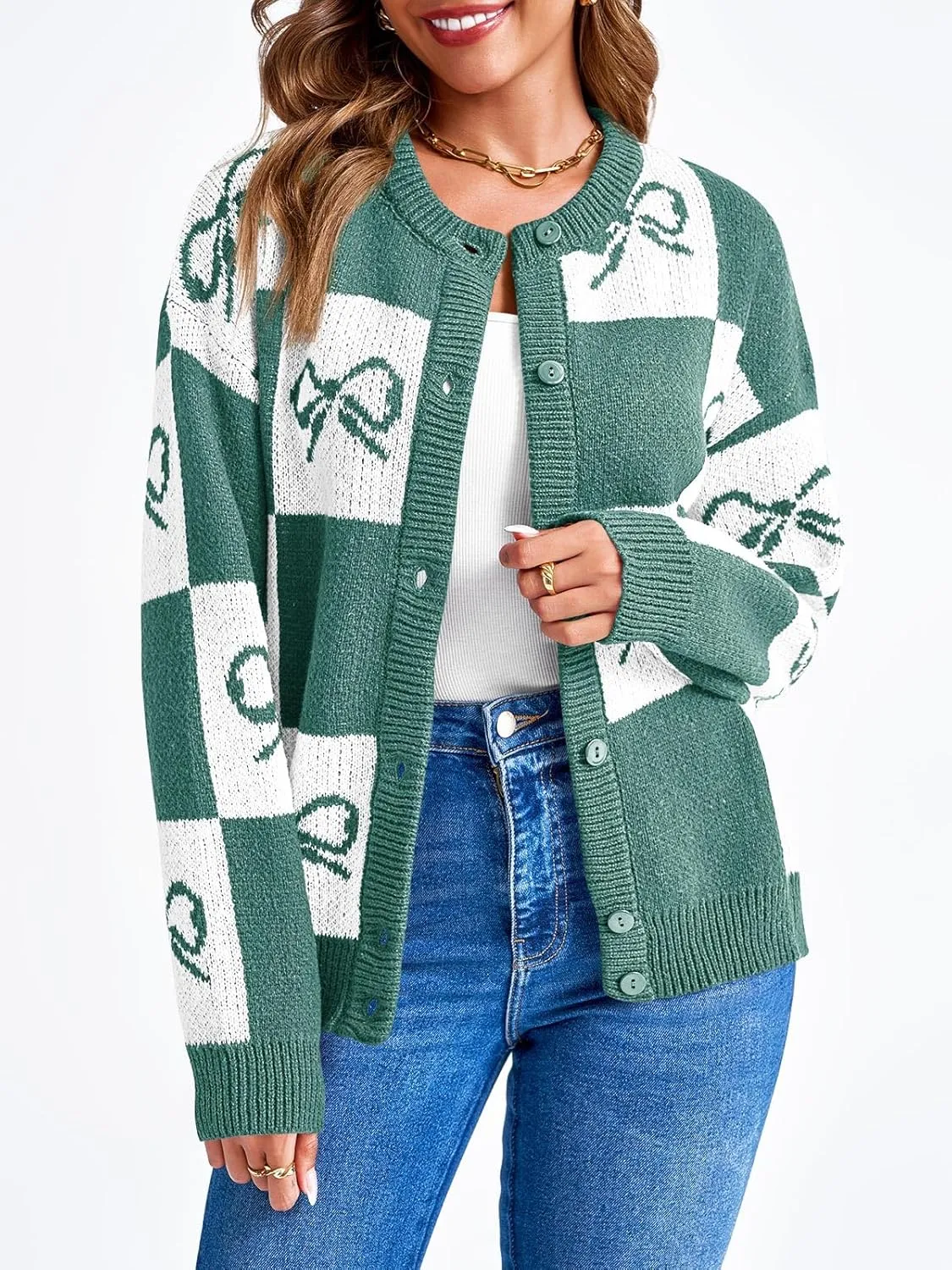 Saodimallsu Womens Checkered Sweater Bow Color Block Plaid Cardigan Long Sleeve Button Open Front Knit Coat