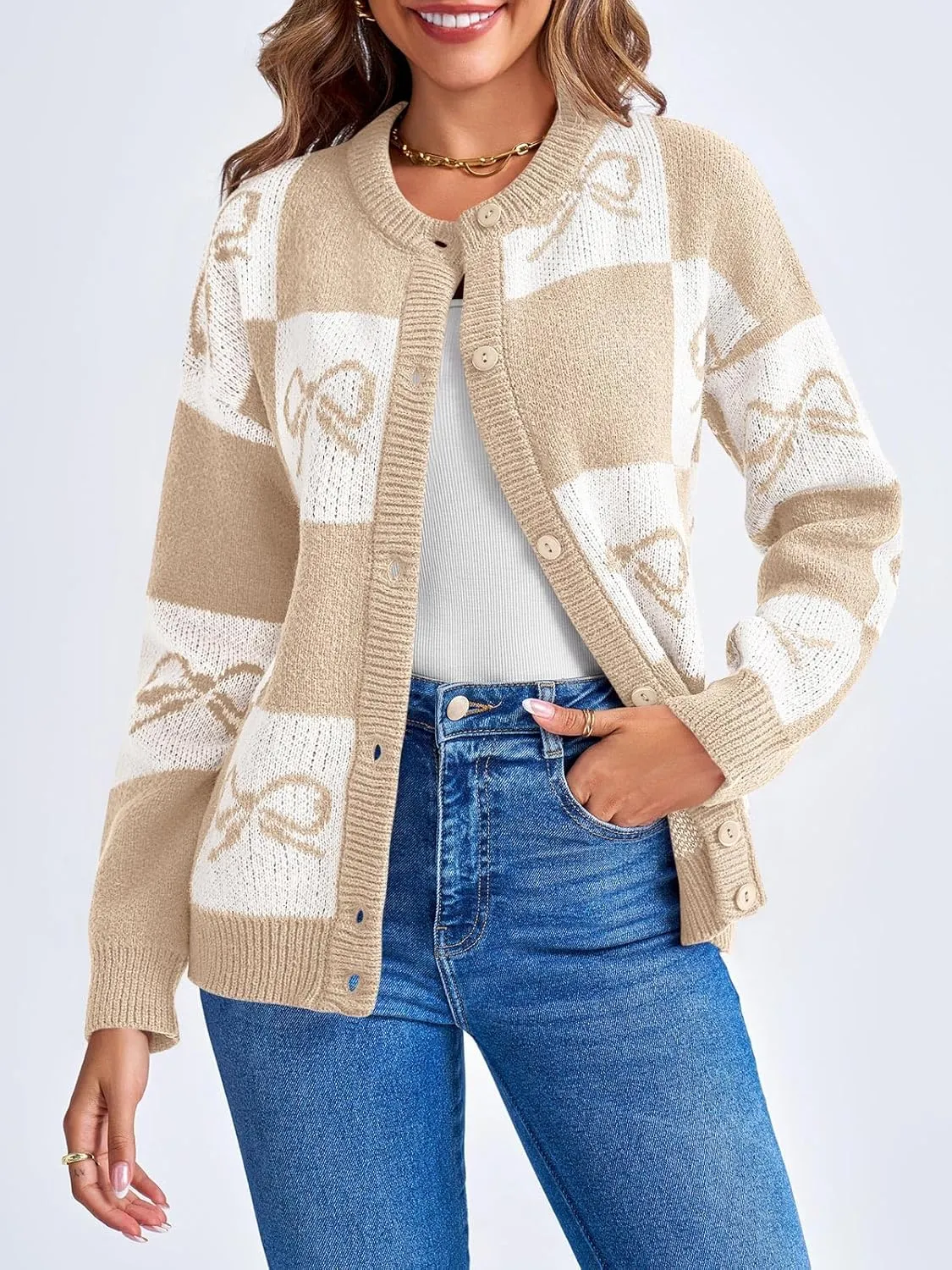 Saodimallsu Womens Checkered Sweater Bow Color Block Plaid Cardigan Long Sleeve Button Open Front Knit Coat