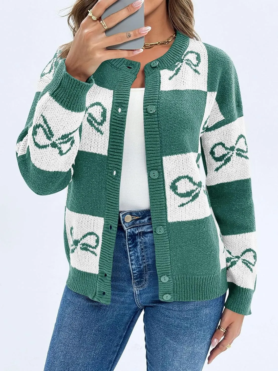 Saodimallsu Womens Checkered Sweater Bow Color Block Plaid Cardigan Long Sleeve Button Open Front Knit Coat