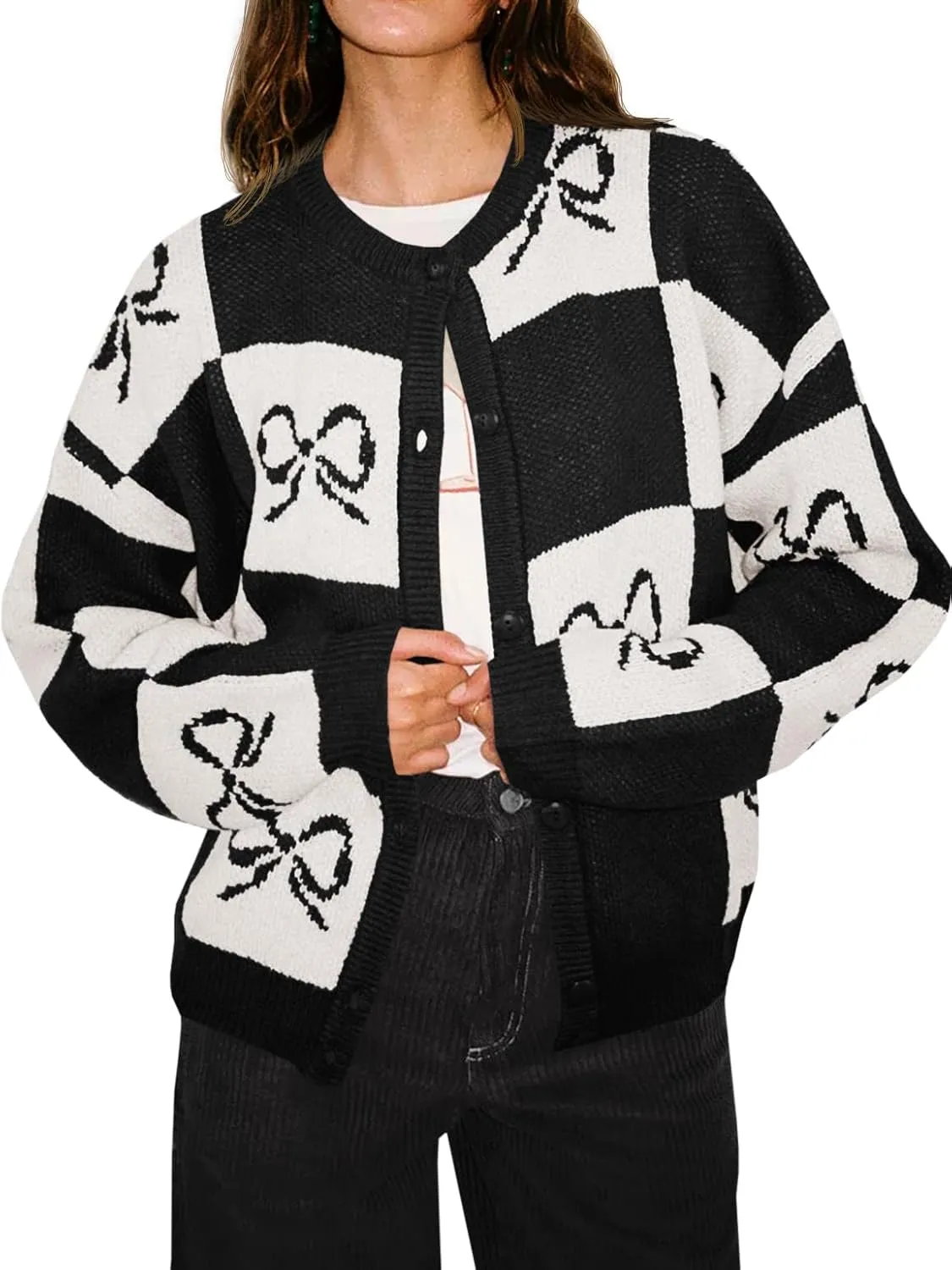 Saodimallsu Womens Checkered Sweater Bow Color Block Plaid Cardigan Long Sleeve Button Open Front Knit Coat
