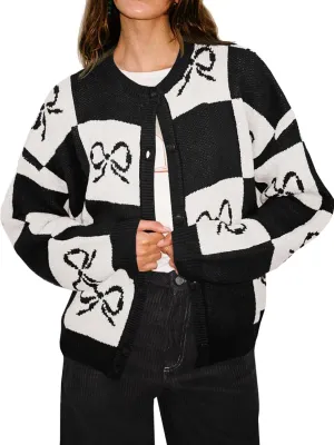 Saodimallsu Womens Checkered Sweater Bow Color Block Plaid Cardigan Long Sleeve Button Open Front Knit Coat