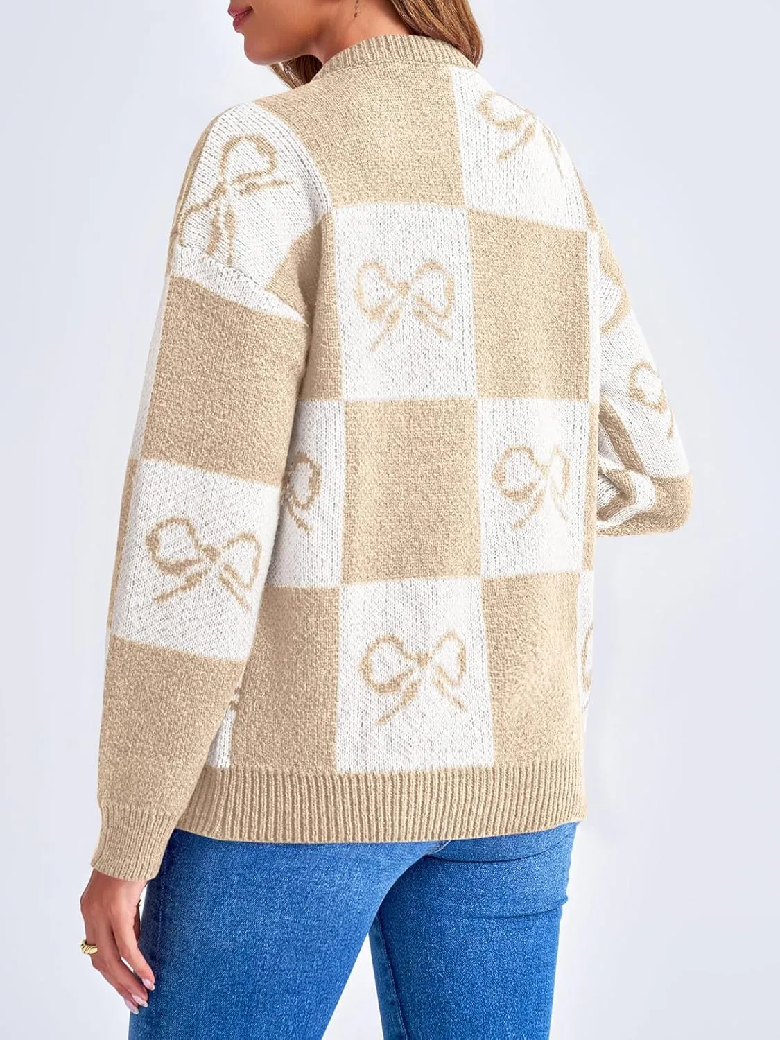 Saodimallsu Womens Checkered Sweater Bow Color Block Plaid Cardigan Long Sleeve Button Open Front Knit Coat