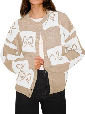 Saodimallsu Womens Checkered Sweater Bow Color Block Plaid Cardigan Long Sleeve Button Open Front Knit Coat