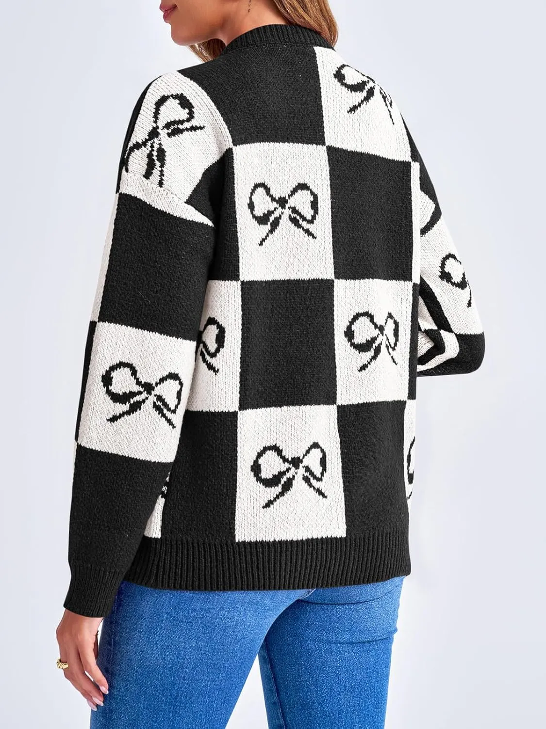 Saodimallsu Womens Checkered Sweater Bow Color Block Plaid Cardigan Long Sleeve Button Open Front Knit Coat