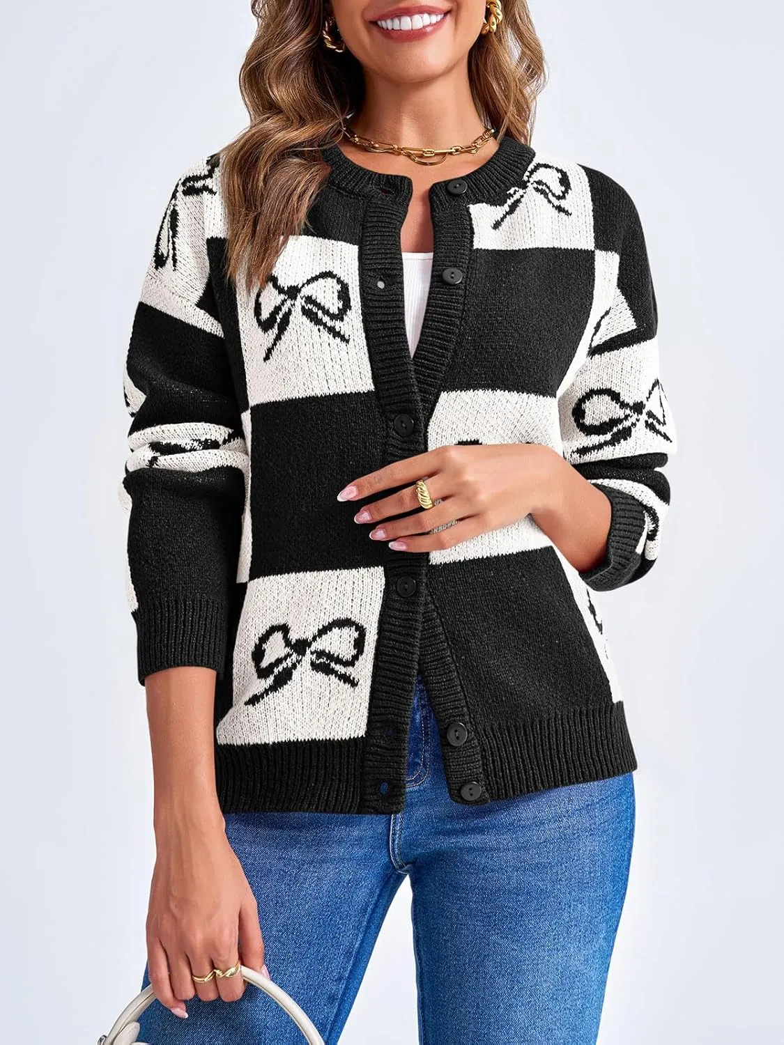 Saodimallsu Womens Checkered Sweater Bow Color Block Plaid Cardigan Long Sleeve Button Open Front Knit Coat