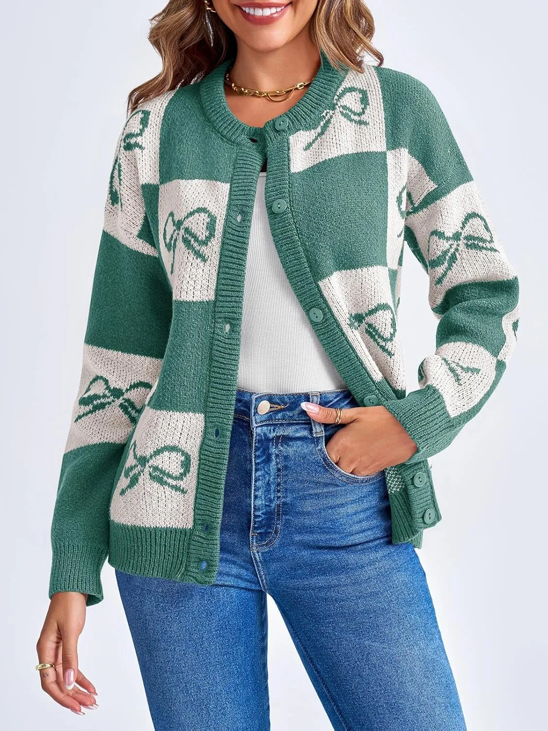 Saodimallsu Womens Checkered Sweater Bow Color Block Plaid Cardigan Long Sleeve Button Open Front Knit Coat