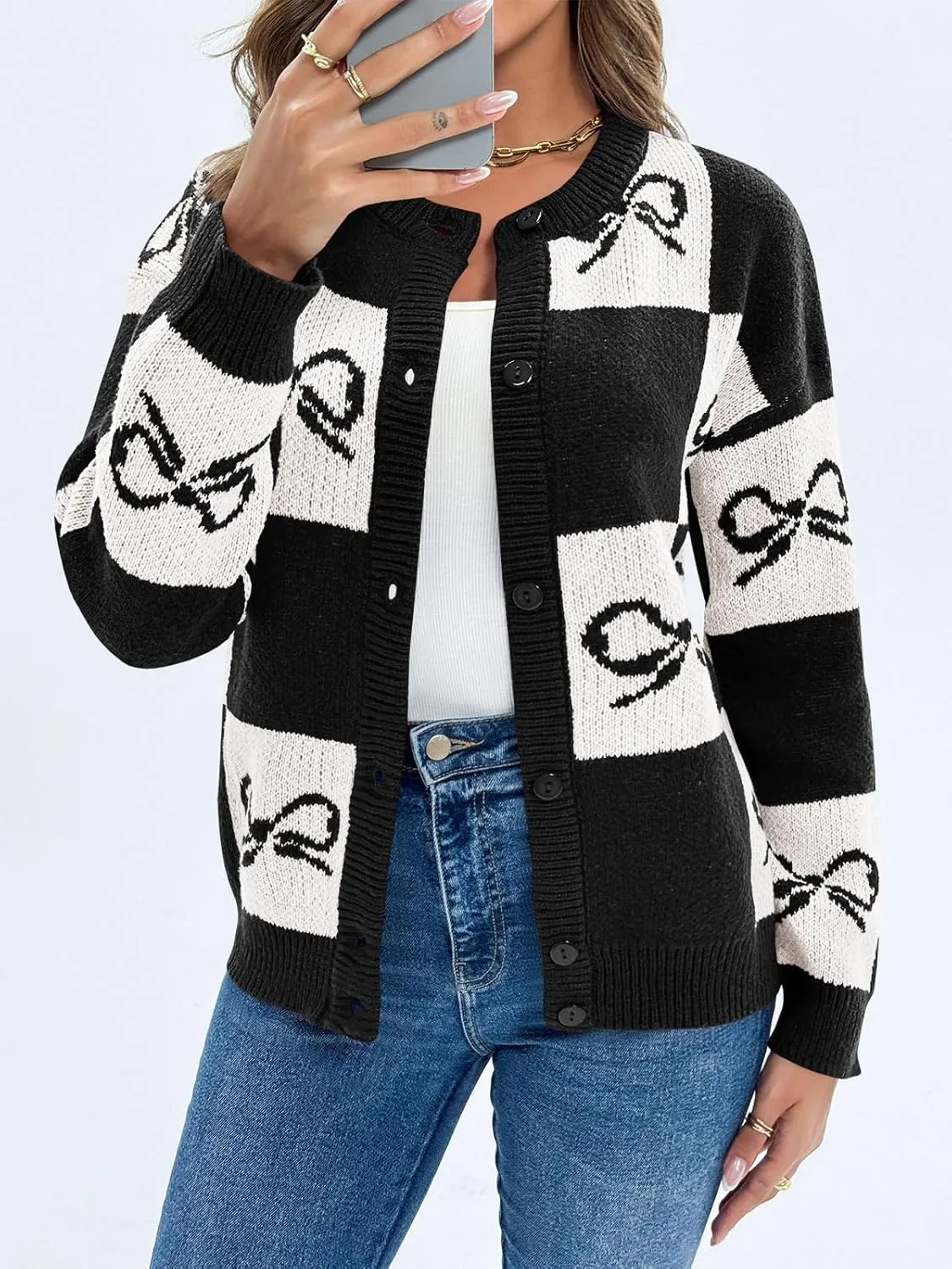 Saodimallsu Womens Checkered Sweater Bow Color Block Plaid Cardigan Long Sleeve Button Open Front Knit Coat