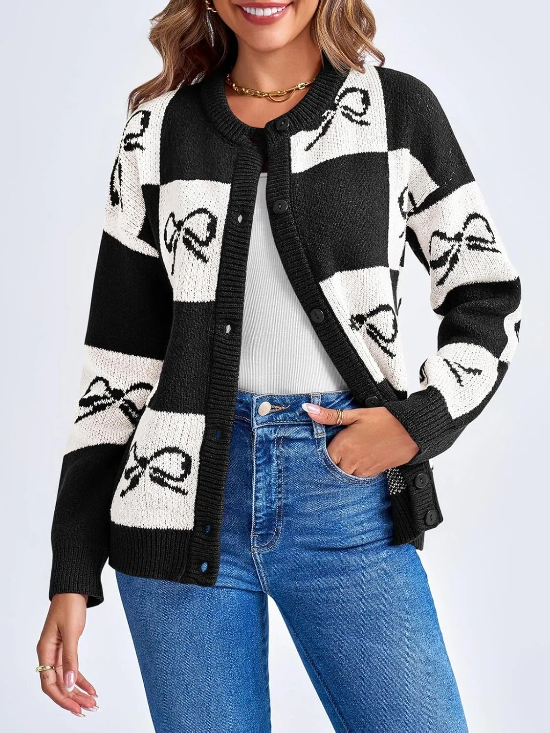Saodimallsu Womens Checkered Sweater Bow Color Block Plaid Cardigan Long Sleeve Button Open Front Knit Coat