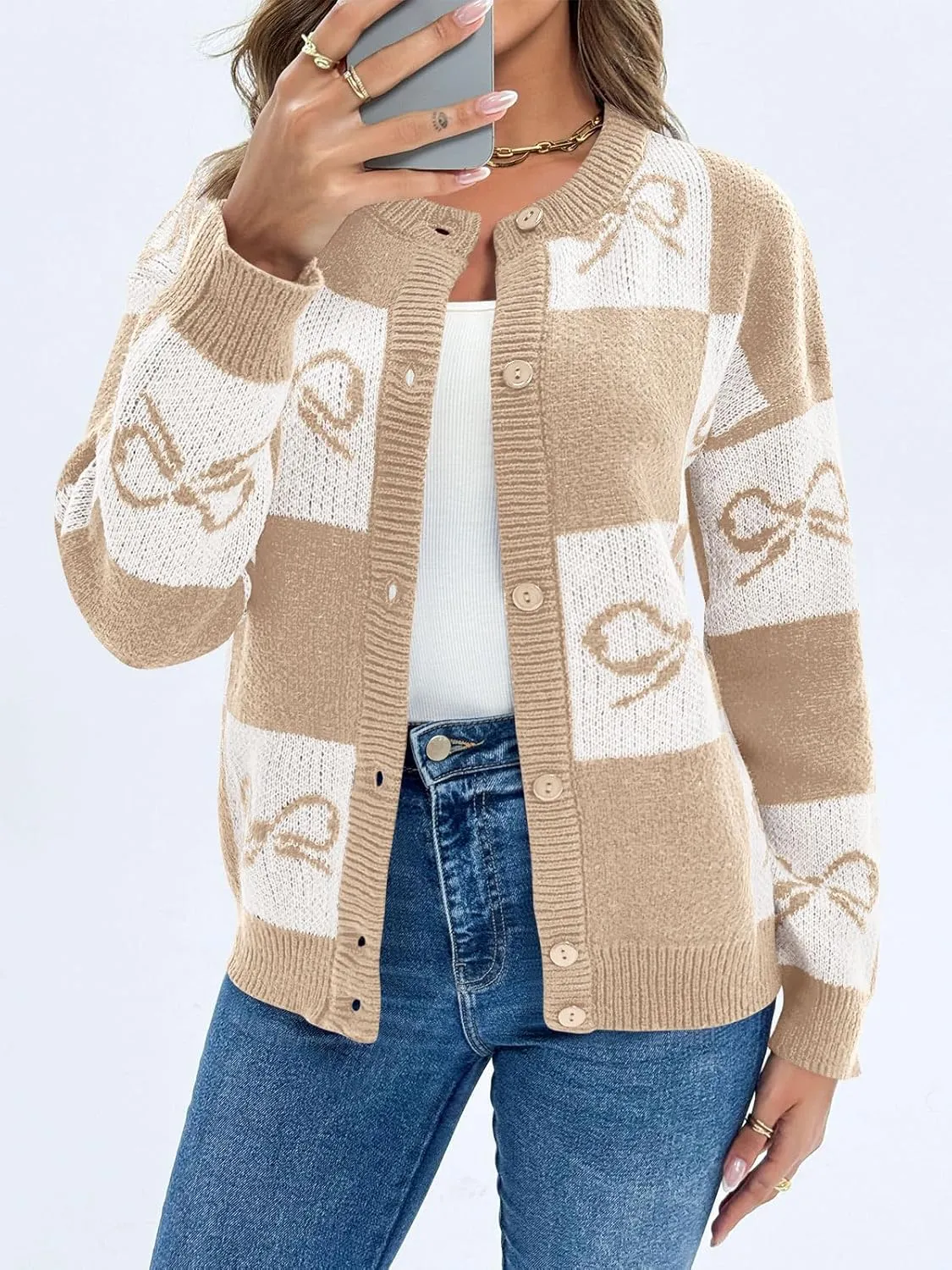 Saodimallsu Womens Checkered Sweater Bow Color Block Plaid Cardigan Long Sleeve Button Open Front Knit Coat
