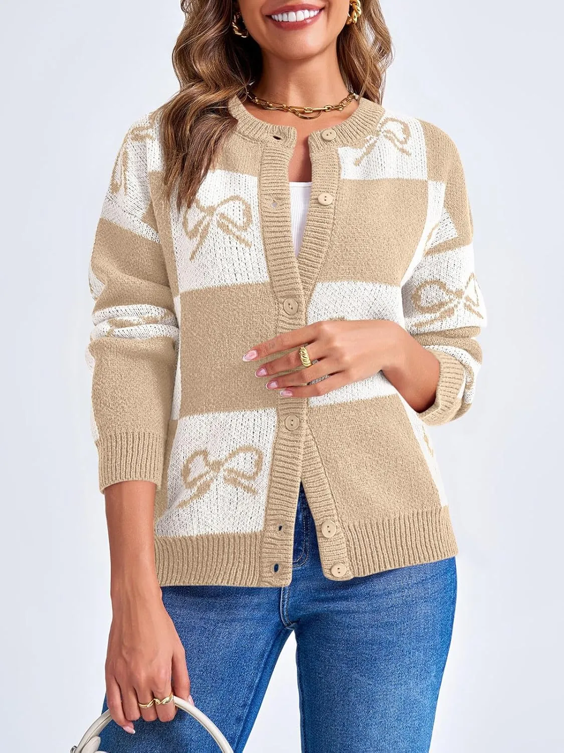 Saodimallsu Womens Checkered Sweater Bow Color Block Plaid Cardigan Long Sleeve Button Open Front Knit Coat