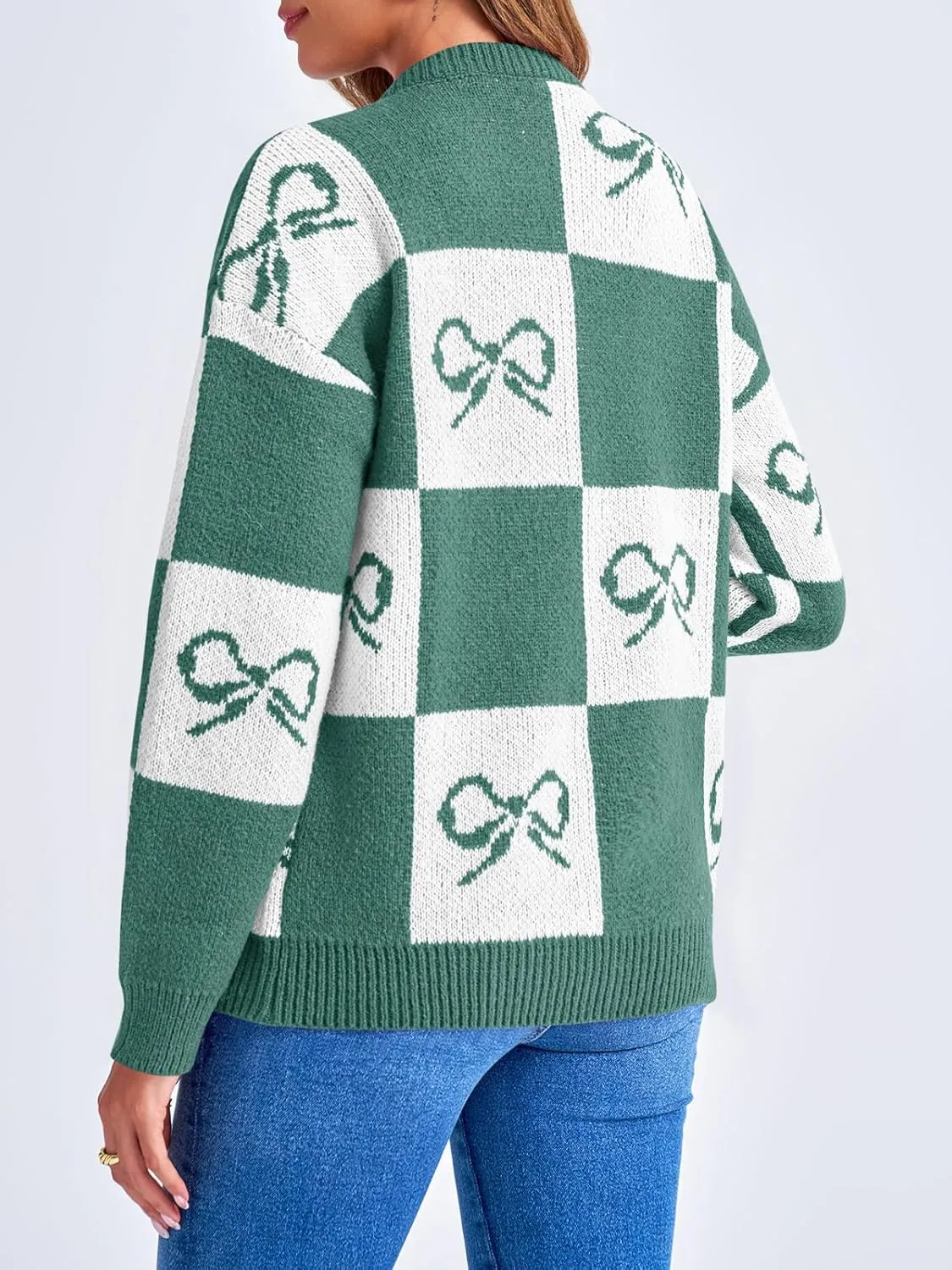 Saodimallsu Womens Checkered Sweater Bow Color Block Plaid Cardigan Long Sleeve Button Open Front Knit Coat