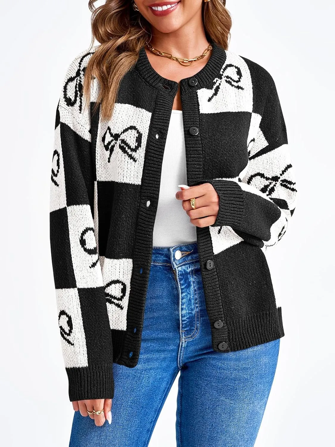 Saodimallsu Womens Checkered Sweater Bow Color Block Plaid Cardigan Long Sleeve Button Open Front Knit Coat
