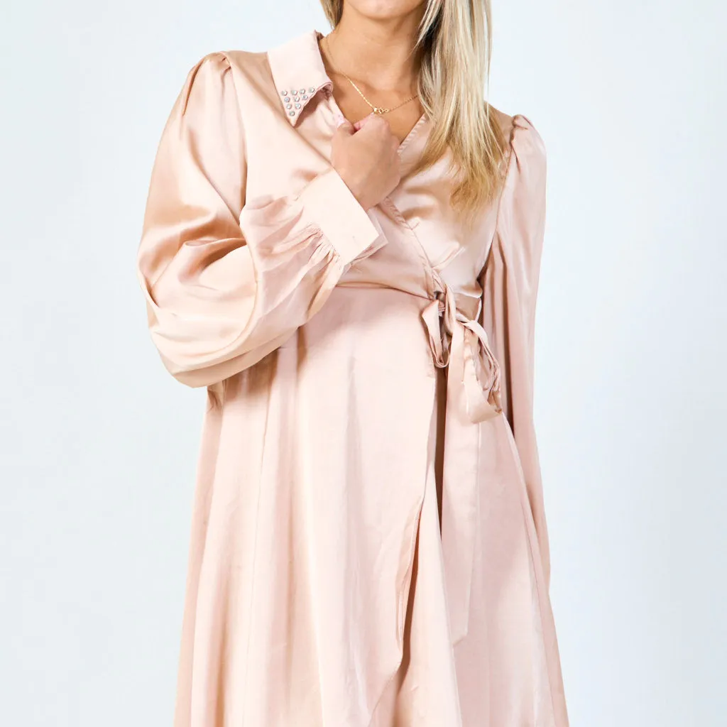 Satin wrap dress with studded collar wholesale