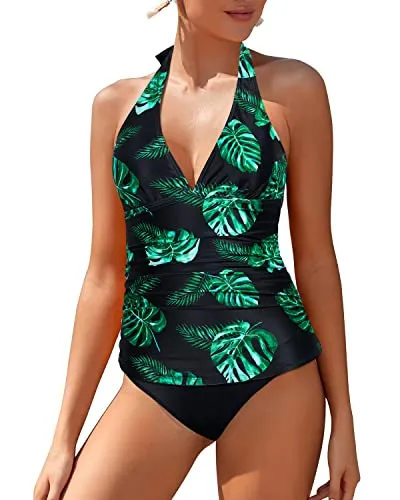 Sexy Adjustable Self Tie Shoulder Straps Two Piece Tankini Swimsuits For Girls-Black And Green Leaf