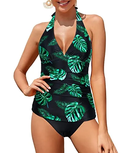 Sexy Adjustable Self Tie Shoulder Straps Two Piece Tankini Swimsuits For Girls-Black And Green Leaf