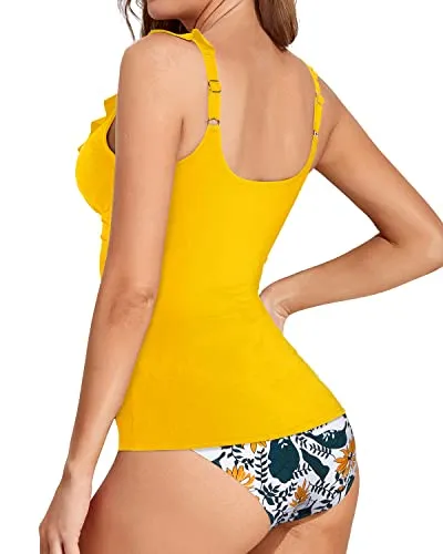Sexy Adjustable Shoulder Straps And Removable Push Up Padded Tankini-Yellow Floral