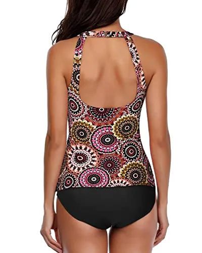 Sexy And Comfortable Backless Scoop Neck Tankini Swimsuit Set-Brown Print