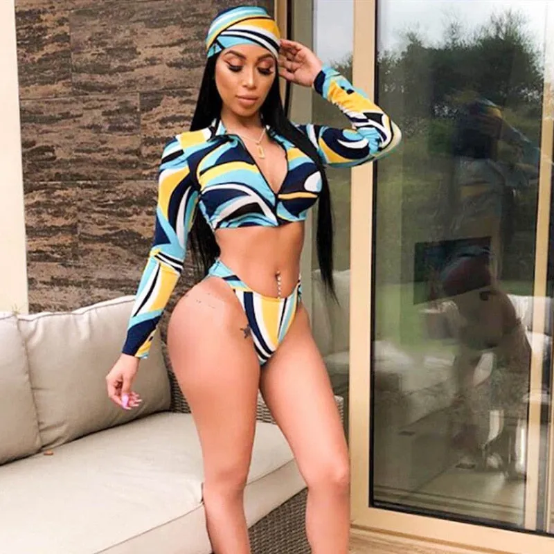 Sexy Women Long Sleeves Zipper Tankinis Swimsuit Bikini Swimwear