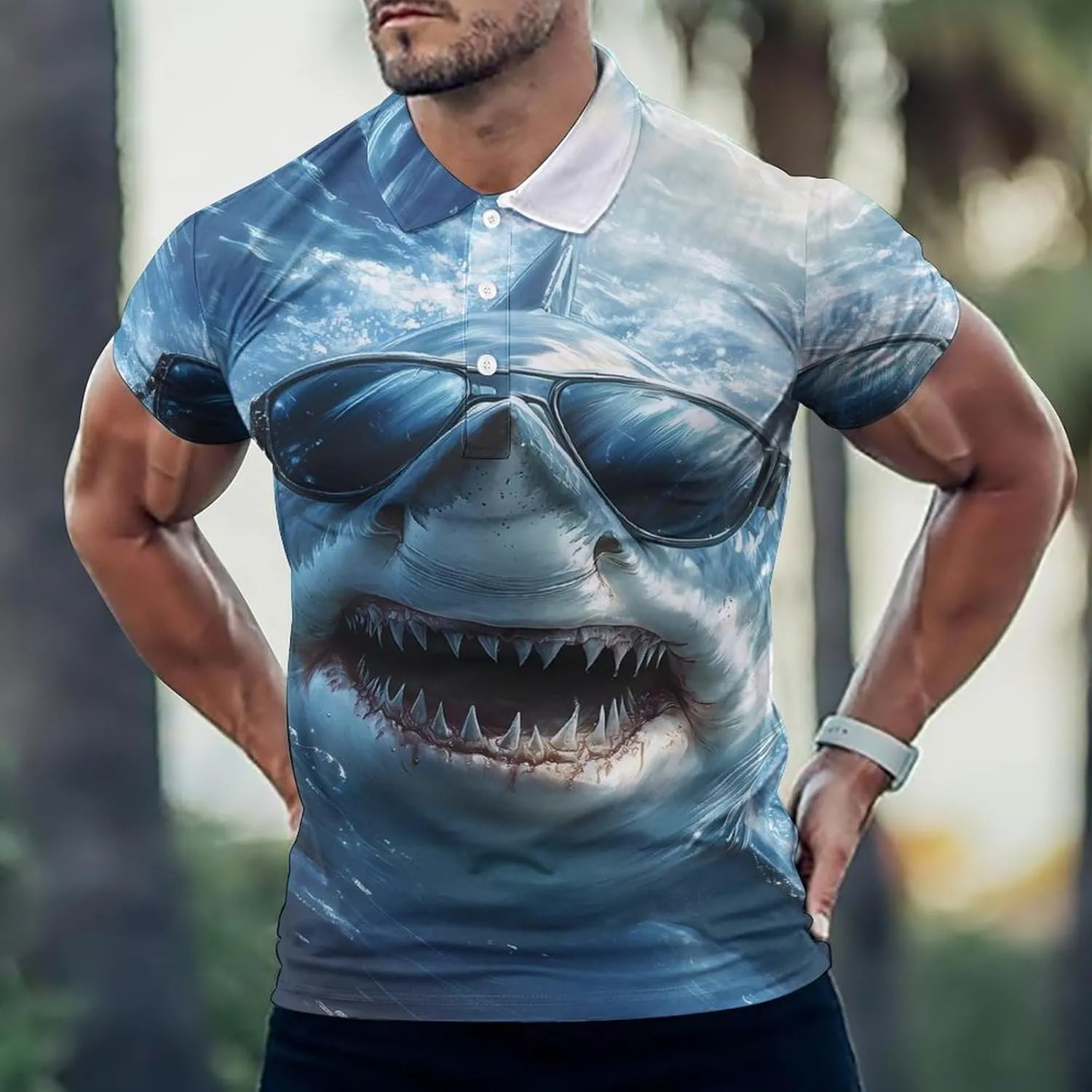 Shark with Glasses Slim Fit Men's Short Sleeve Polo Shirts Quick-Dry Breathable Golf T-Shirt Tops