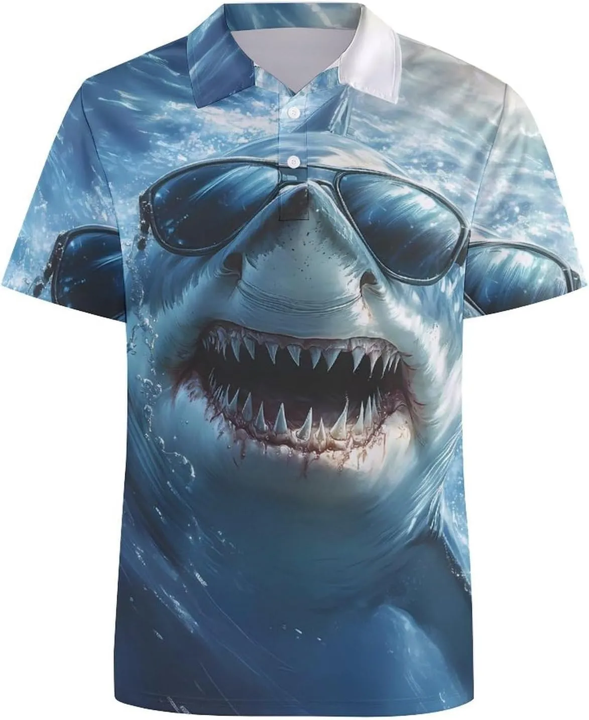 Shark with Glasses Slim Fit Men's Short Sleeve Polo Shirts Quick-Dry Breathable Golf T-Shirt Tops