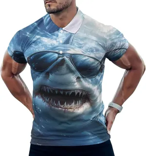 Shark with Glasses Slim Fit Men's Short Sleeve Polo Shirts Quick-Dry Breathable Golf T-Shirt Tops