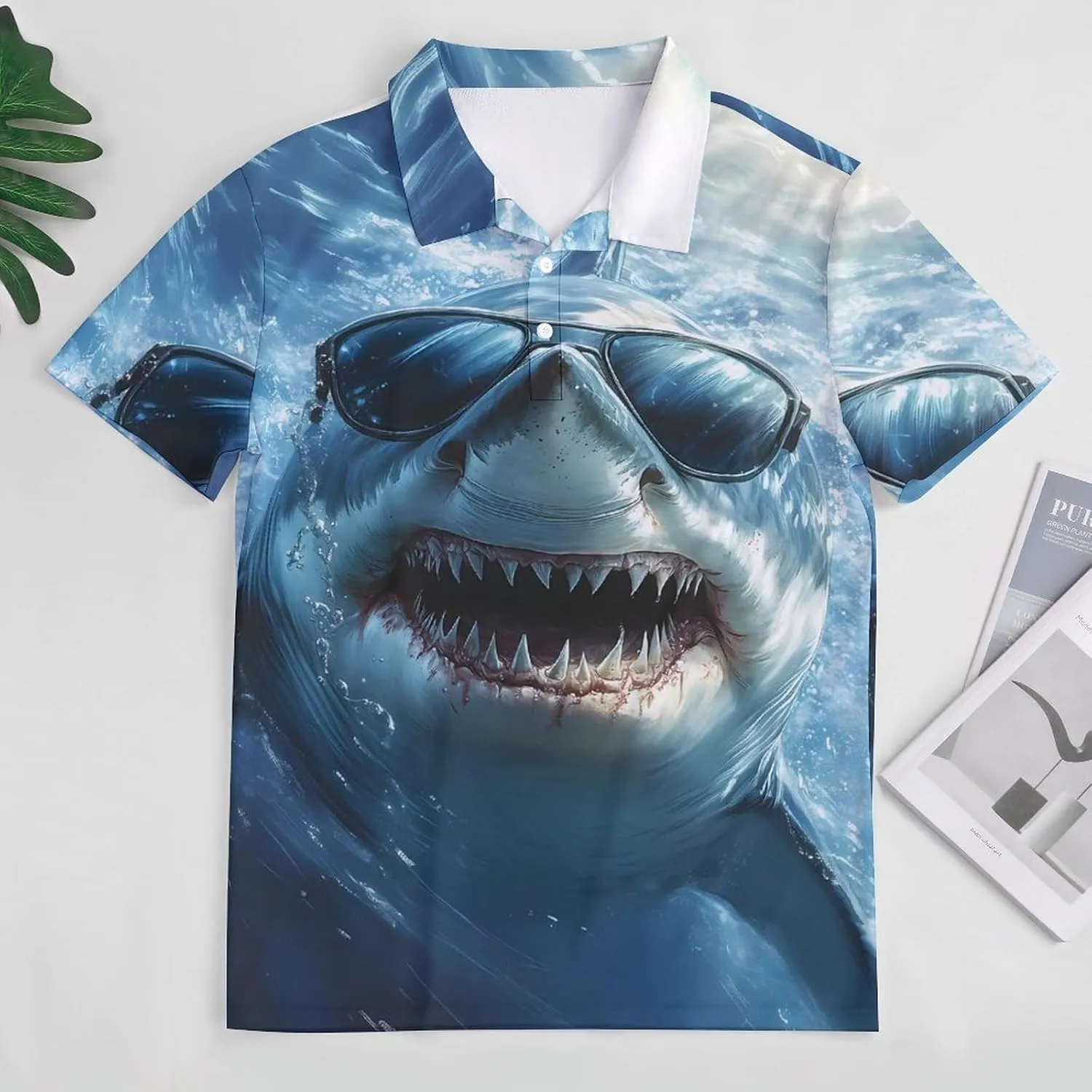 Shark with Glasses Slim Fit Men's Short Sleeve Polo Shirts Quick-Dry Breathable Golf T-Shirt Tops