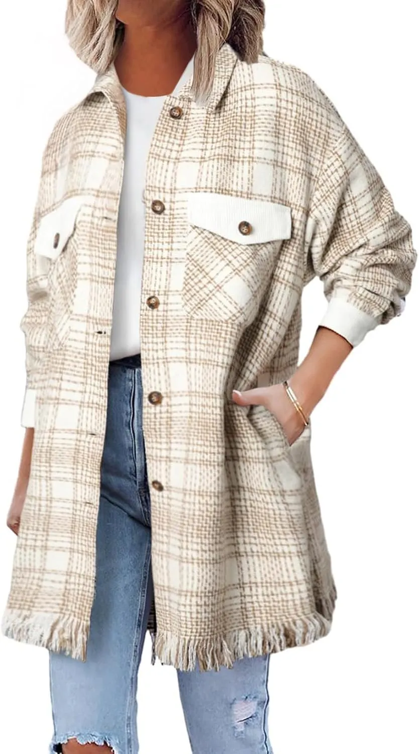 SHEWIN Womens Casual Plaid Shacket Long Sleeve Button Down Oversized Shirt Jacket Coat