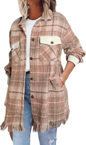 SHEWIN Womens Casual Plaid Shacket Long Sleeve Button Down Oversized Shirt Jacket Coat