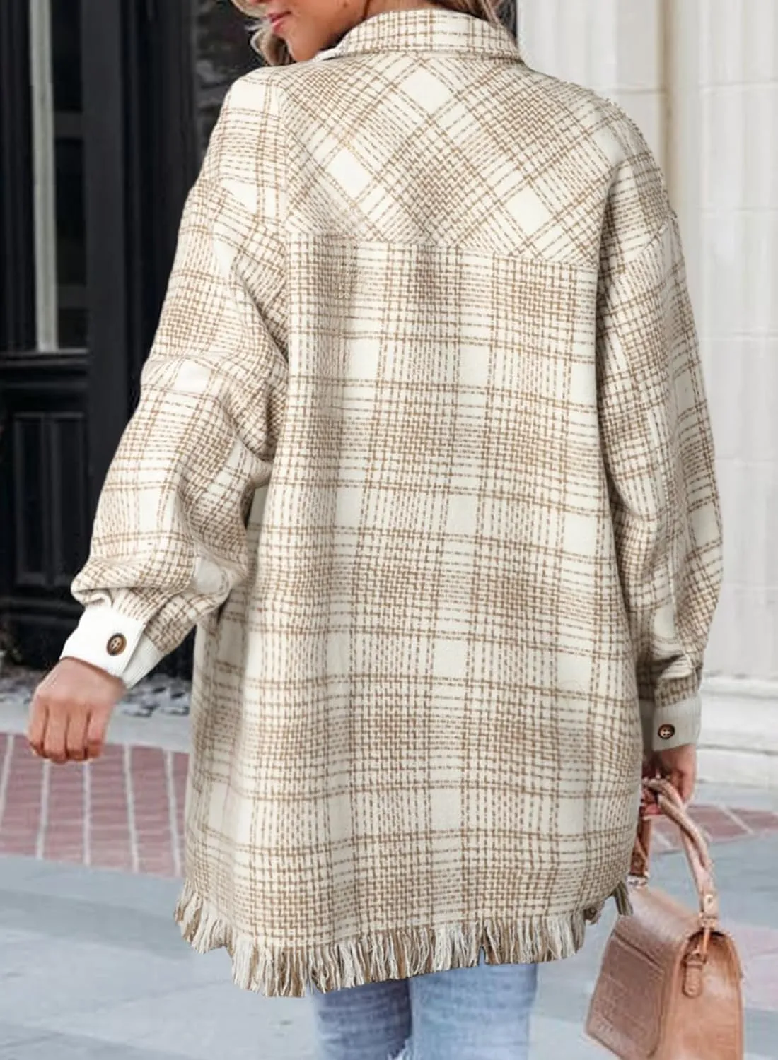 SHEWIN Womens Casual Plaid Shacket Long Sleeve Button Down Oversized Shirt Jacket Coat