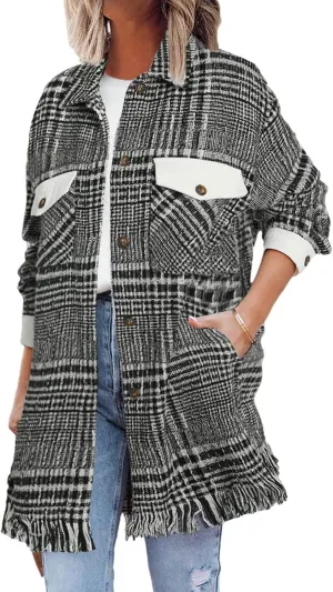 SHEWIN Womens Casual Plaid Shacket Long Sleeve Button Down Oversized Shirt Jacket Coat