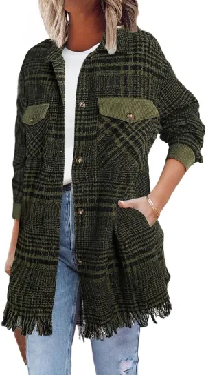 SHEWIN Womens Casual Plaid Shacket Long Sleeve Button Down Oversized Shirt Jacket Coat