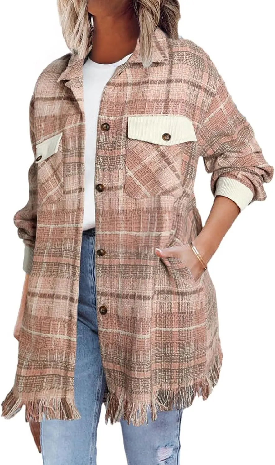 SHEWIN Womens Casual Plaid Shacket Long Sleeve Button Down Oversized Shirt Jacket Coat