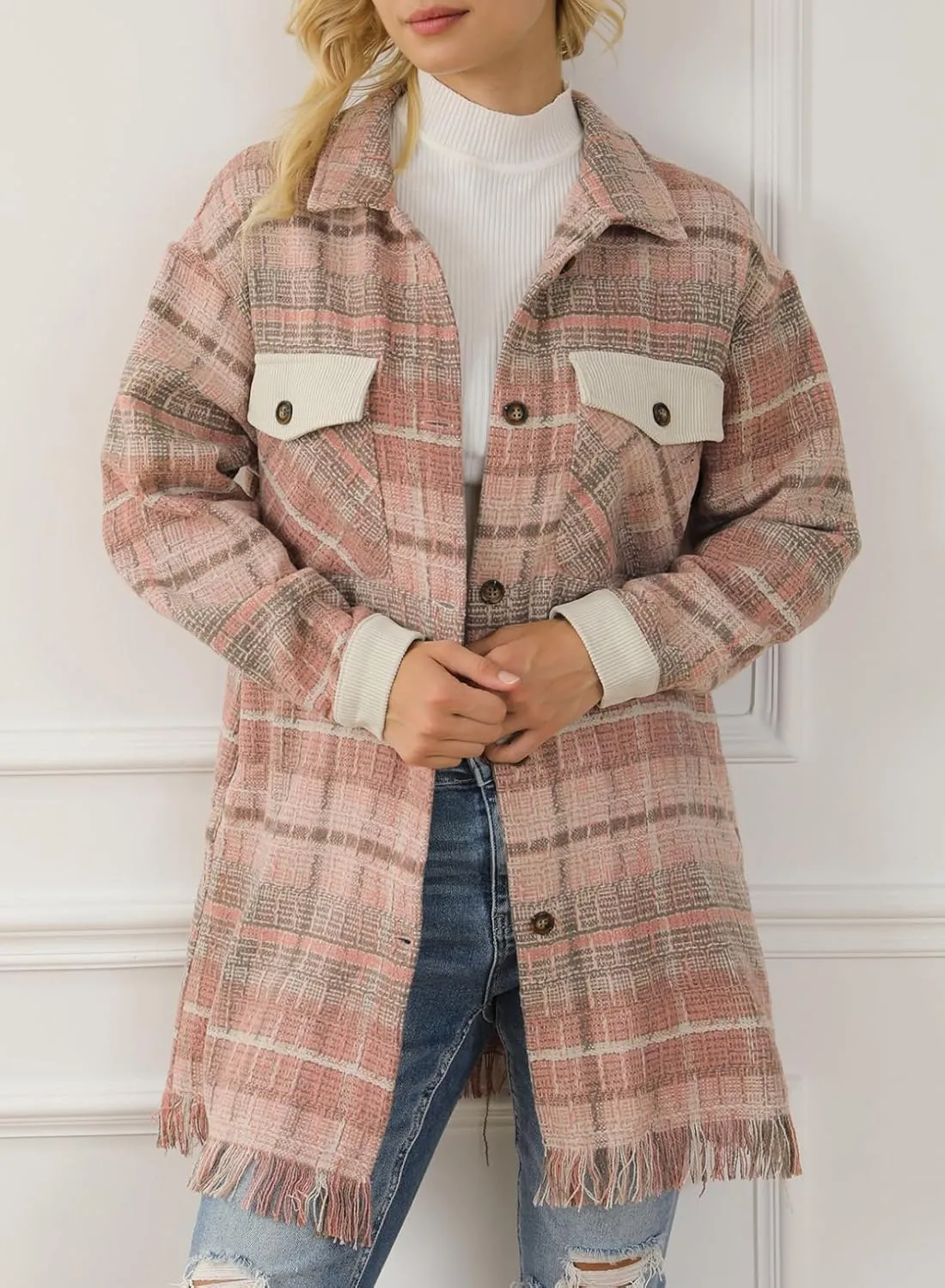 SHEWIN Womens Casual Plaid Shacket Long Sleeve Button Down Oversized Shirt Jacket Coat
