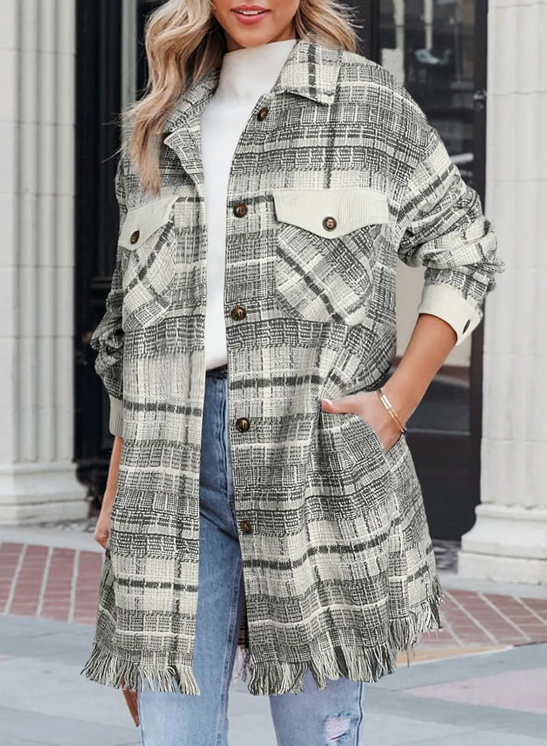 SHEWIN Womens Casual Plaid Shacket Long Sleeve Button Down Oversized Shirt Jacket Coat