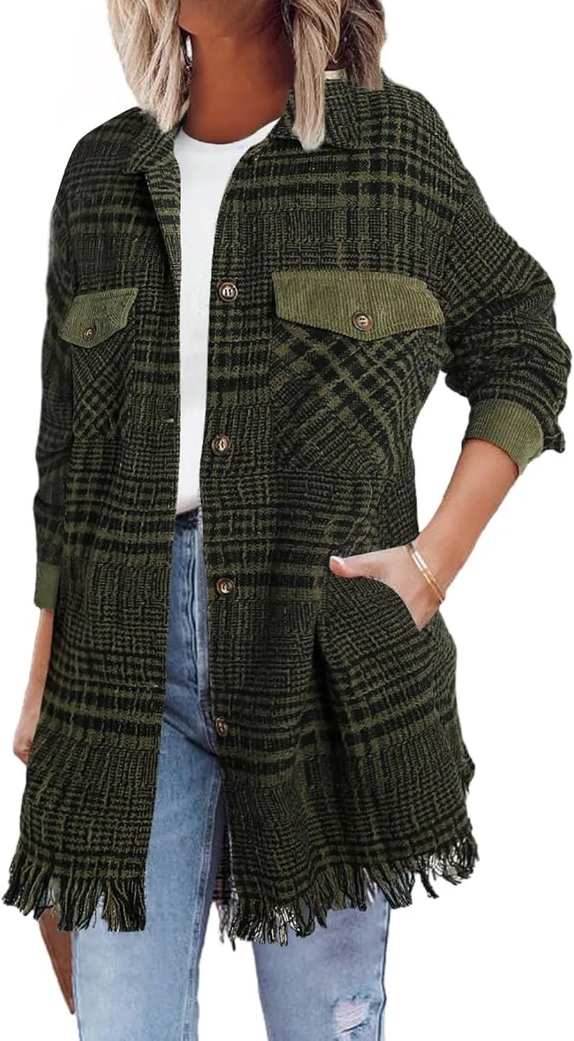 SHEWIN Womens Casual Plaid Shacket Long Sleeve Button Down Oversized Shirt Jacket Coat