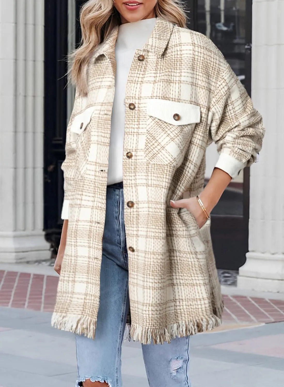 SHEWIN Womens Casual Plaid Shacket Long Sleeve Button Down Oversized Shirt Jacket Coat