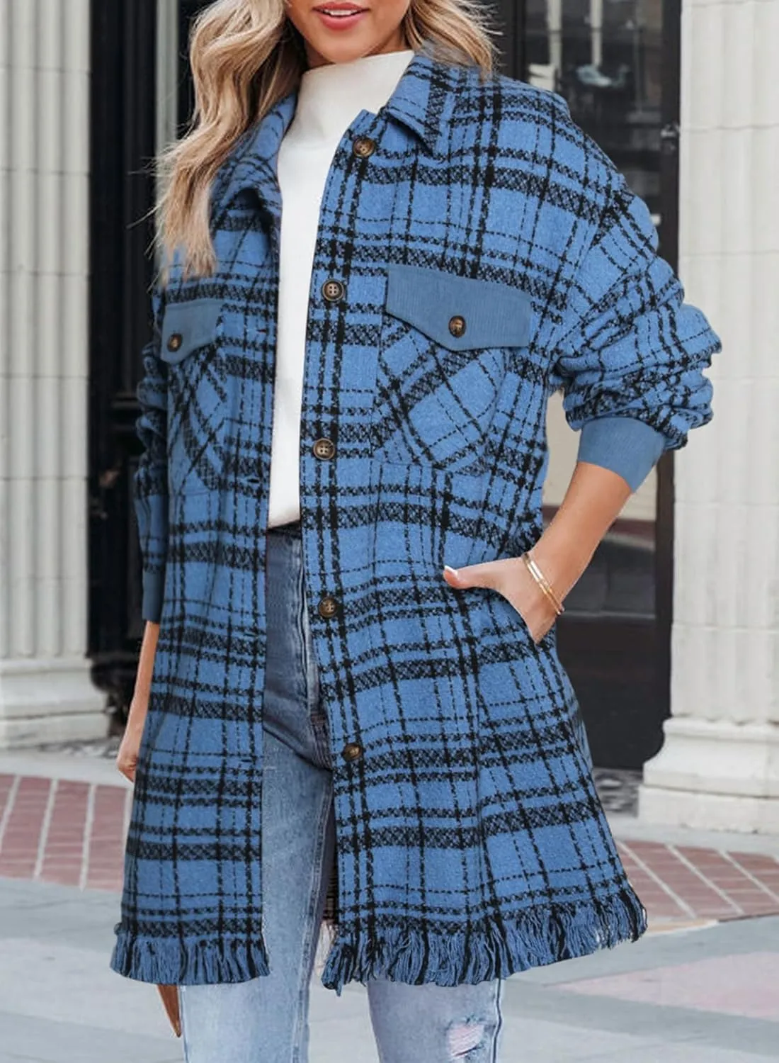SHEWIN Womens Casual Plaid Shacket Long Sleeve Button Down Oversized Shirt Jacket Coat