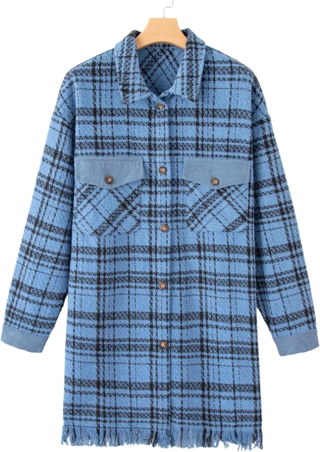 SHEWIN Womens Casual Plaid Shacket Long Sleeve Button Down Oversized Shirt Jacket Coat