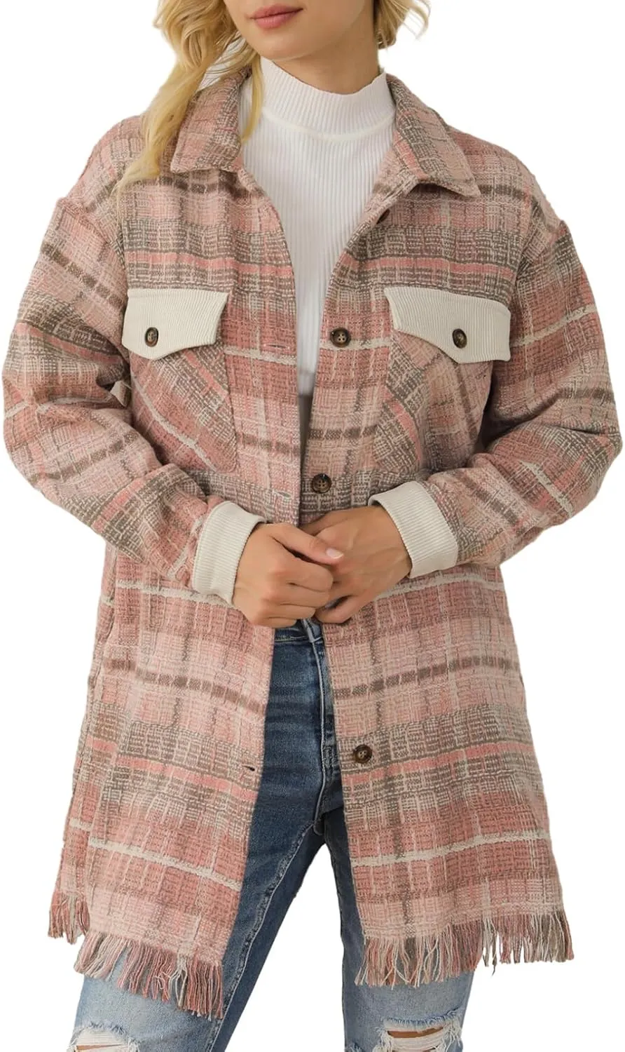 SHEWIN Womens Casual Plaid Shacket Long Sleeve Button Down Oversized Shirt Jacket Coat