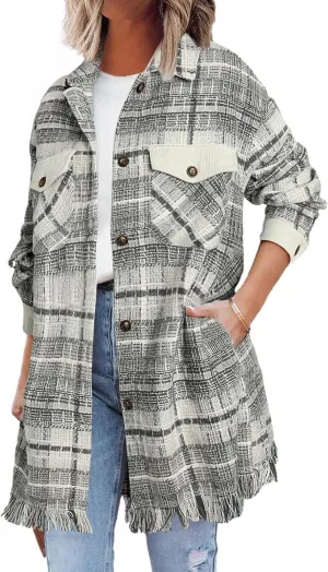 SHEWIN Womens Casual Plaid Shacket Long Sleeve Button Down Oversized Shirt Jacket Coat