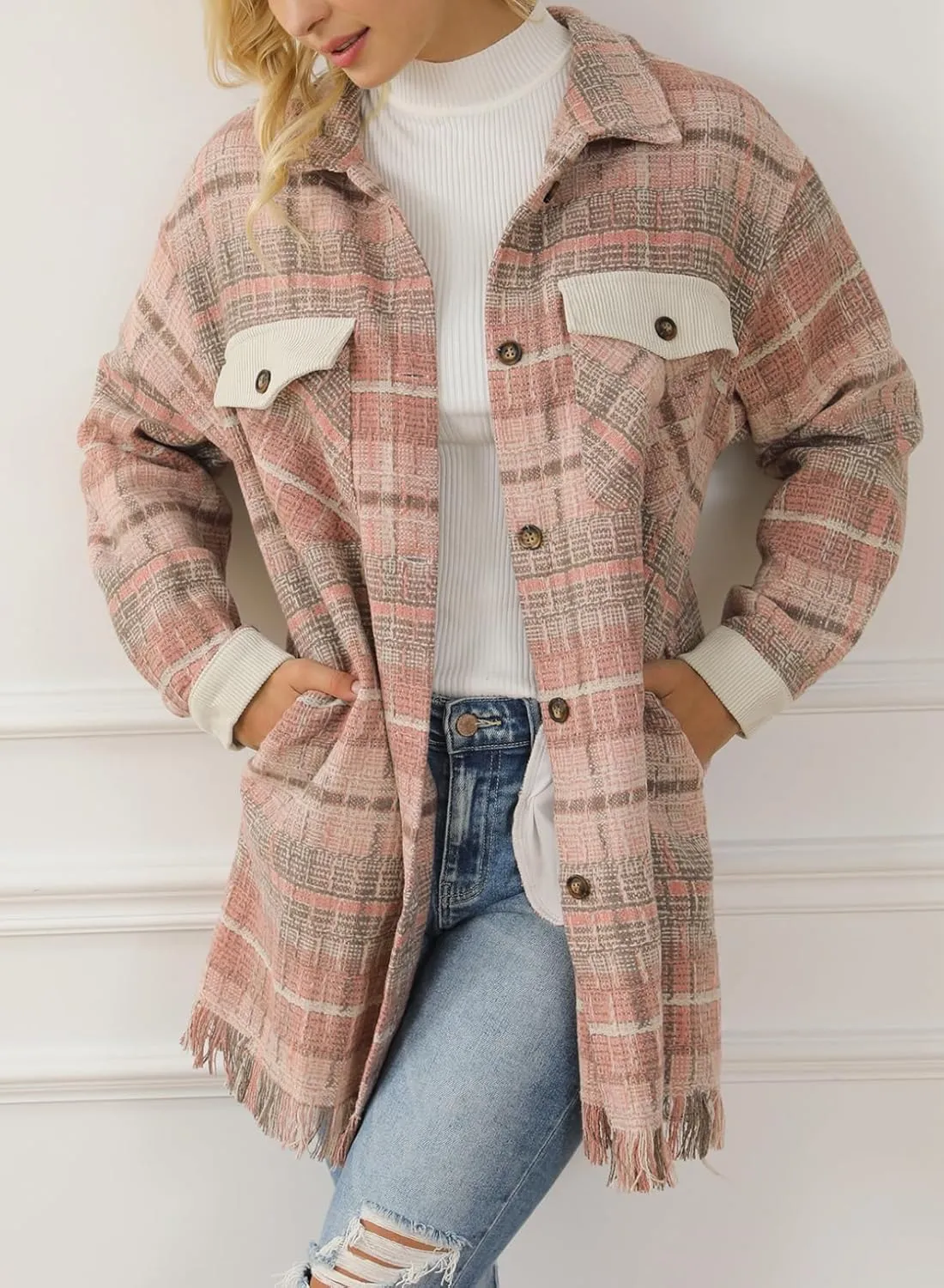 SHEWIN Womens Casual Plaid Shacket Long Sleeve Button Down Oversized Shirt Jacket Coat