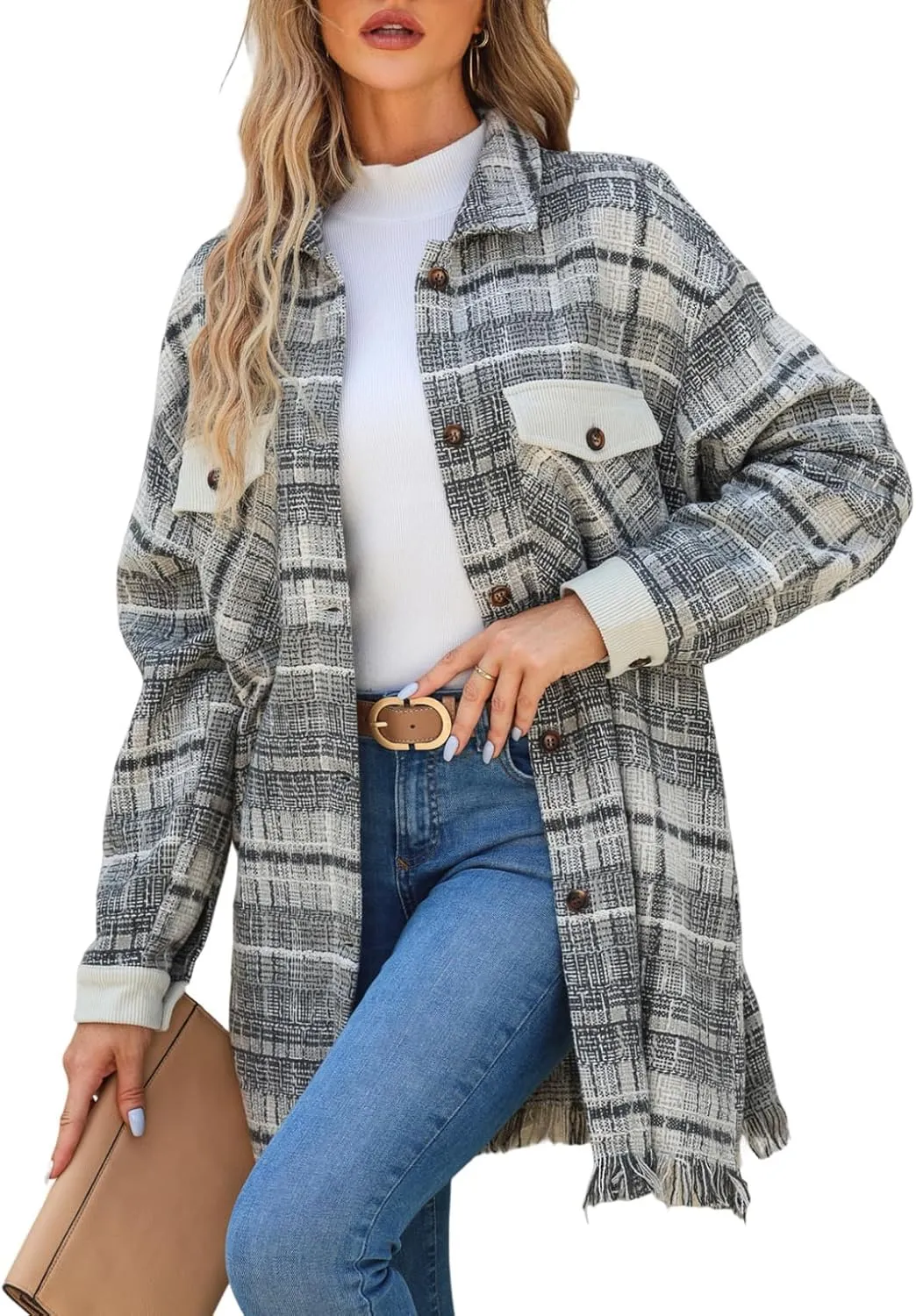 SHEWIN Womens Casual Plaid Shacket Long Sleeve Button Down Oversized Shirt Jacket Coat