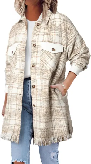 SHEWIN Womens Casual Plaid Shacket Long Sleeve Button Down Oversized Shirt Jacket Coat