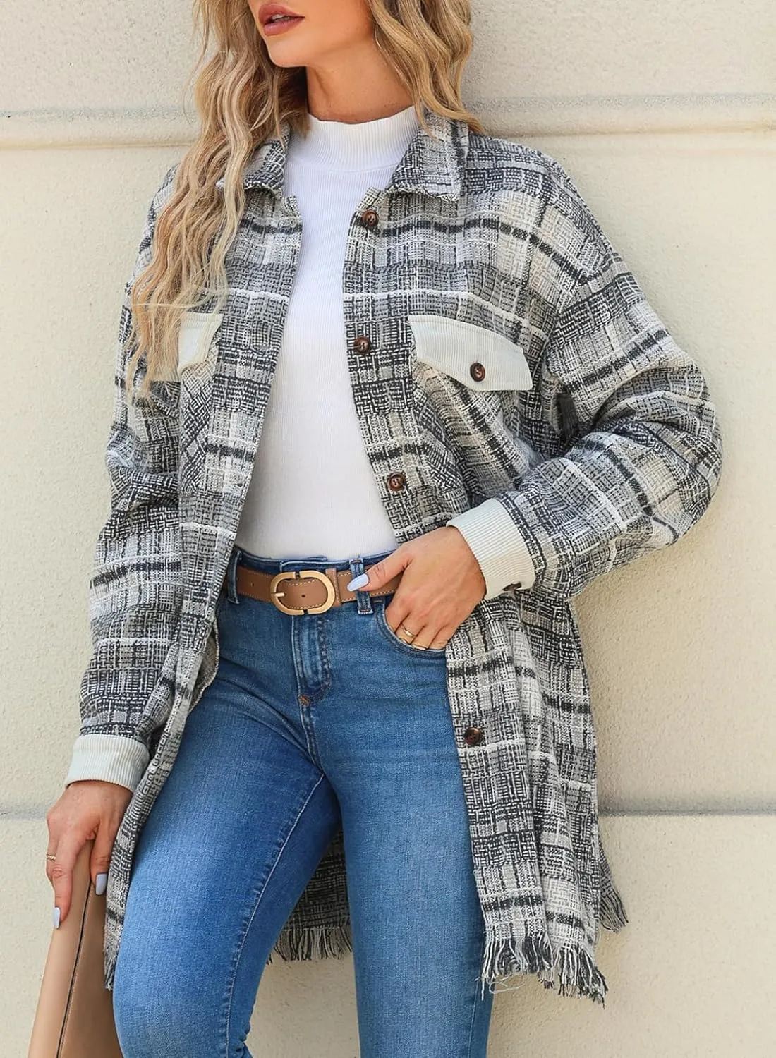 SHEWIN Womens Casual Plaid Shacket Long Sleeve Button Down Oversized Shirt Jacket Coat