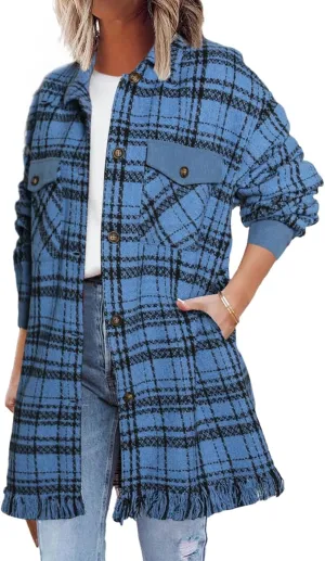SHEWIN Womens Casual Plaid Shacket Long Sleeve Button Down Oversized Shirt Jacket Coat