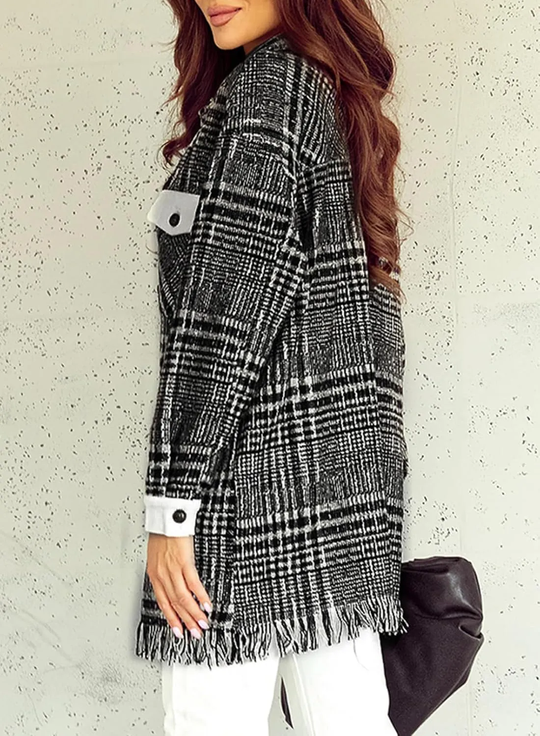 SHEWIN Womens Casual Plaid Shacket Long Sleeve Button Down Oversized Shirt Jacket Coat
