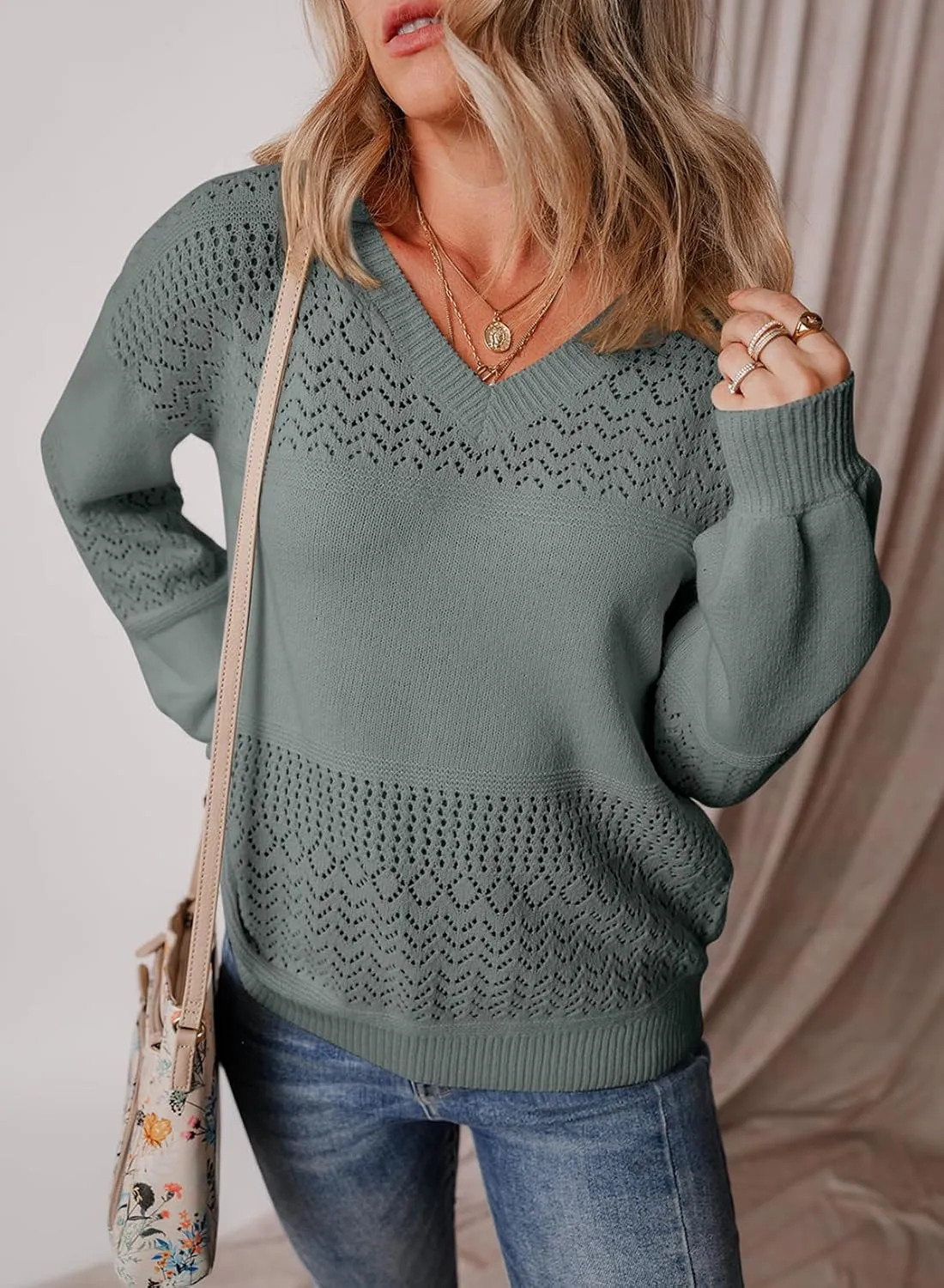 SHEWIN Womens Sweaters Casual Long Sleeve V Neck Lightweight Crochet Pullover Sweater Tops