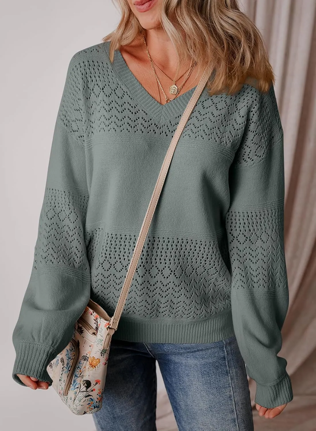 SHEWIN Womens Sweaters Casual Long Sleeve V Neck Lightweight Crochet Pullover Sweater Tops