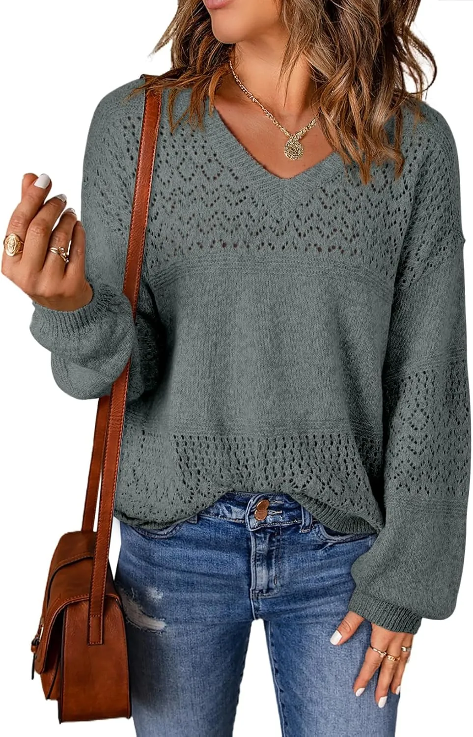 SHEWIN Womens Sweaters Casual Long Sleeve V Neck Lightweight Crochet Pullover Sweater Tops