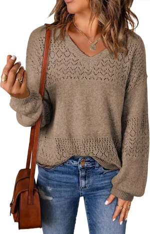 SHEWIN Womens Sweaters Casual Long Sleeve V Neck Lightweight Crochet Pullover Sweater Tops